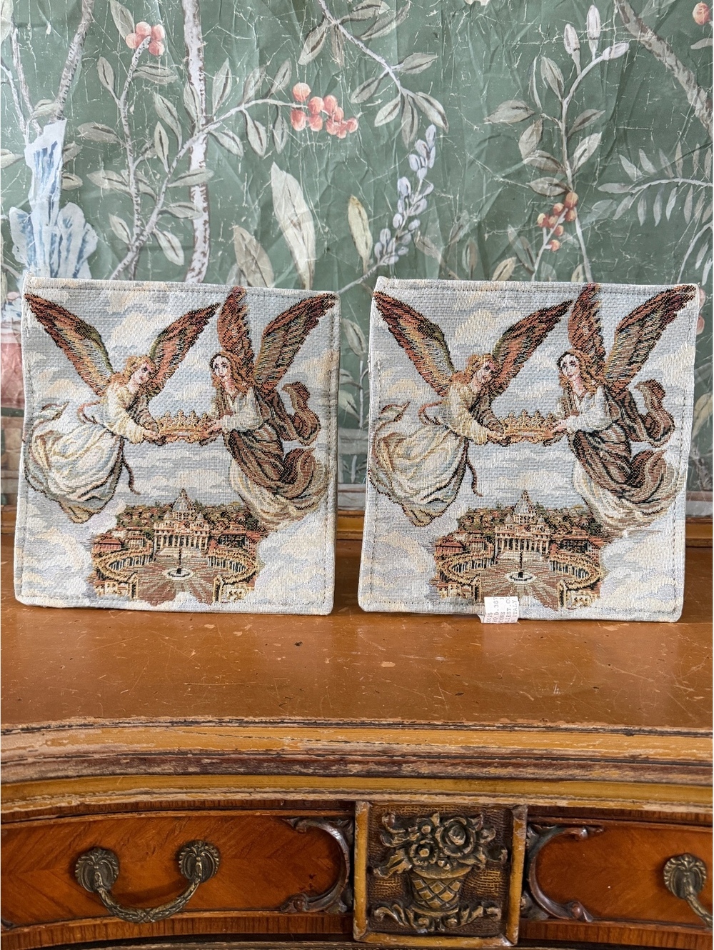 Pair of Vintage Italian Tapestry Wall Hangings with Angels and Cityscape